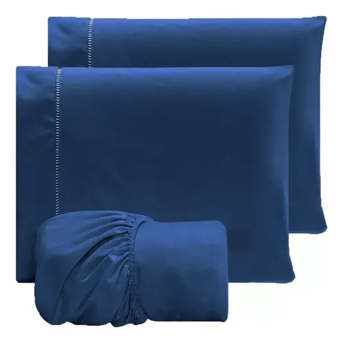 Jogo Lençol Casal 3pç 400 Fios Hipercal Conforto Macio Cor Azul-marinho Desenho do tecido Liso